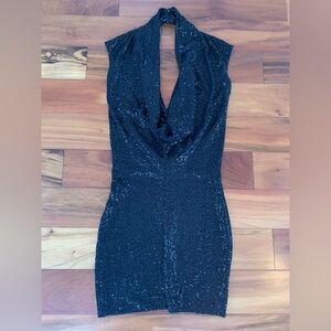 Va Va Voom Womens Dress Sleeveless Faux Wrap Bodycon Sequin V-Neck Black Size L